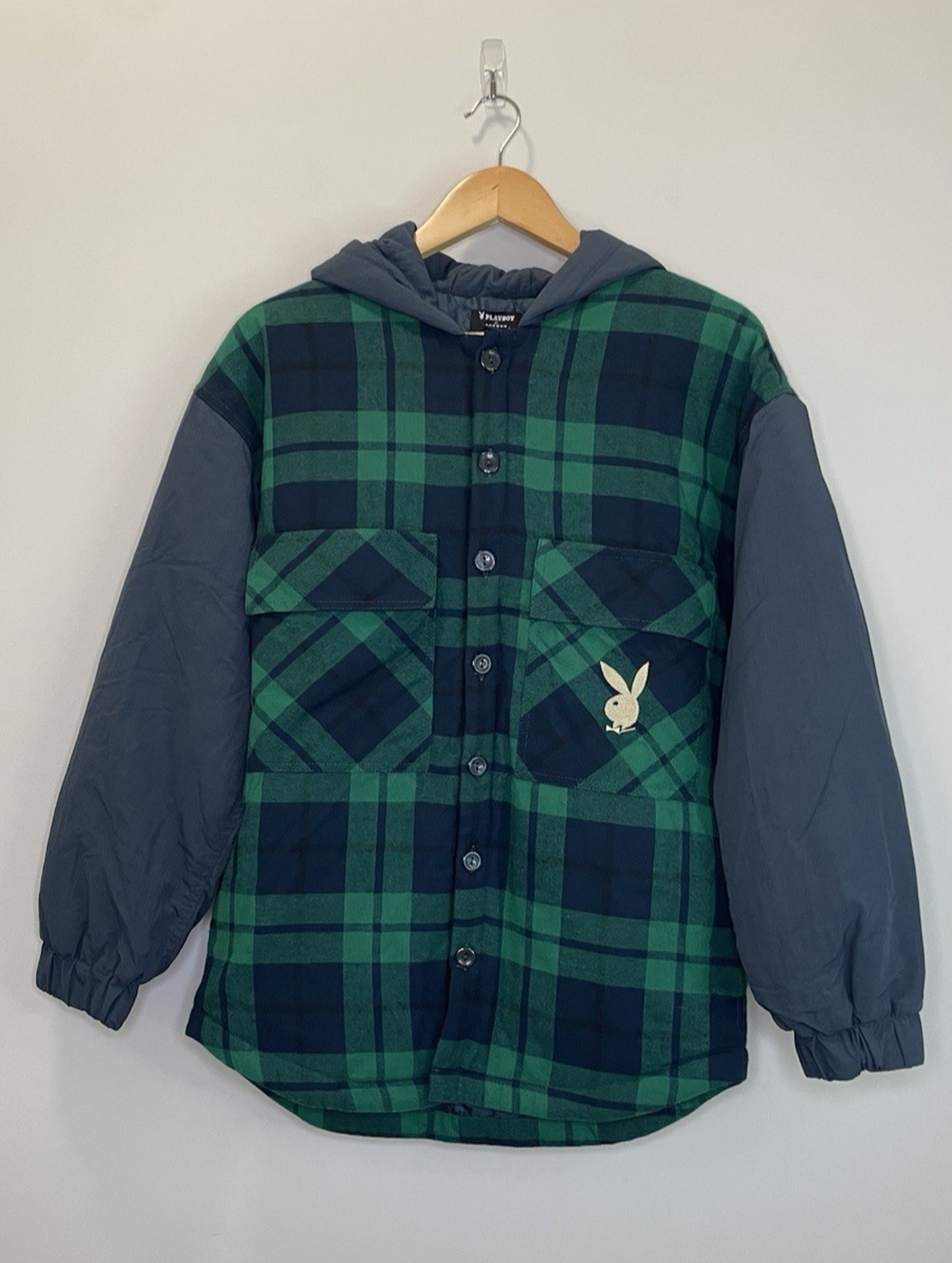 NWT Playboy x Pacsun Mens Plaid Jacket Hoodie Coat Logo Quilted Blue Green XS/S